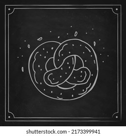 Oktoberfest 2022 - Beer Festival. Hand-drawn Doodle brezel with sesame seeds on a black chalk board. German Traditional holiday. 