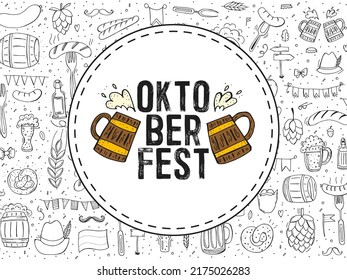 Oktoberfest 2022 - Beer Festival. Hand-drawn Doodle elements. German Traditional holiday. Round emblem with beer mugs and text with a pattern of outline elements.