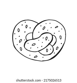 Oktoberfest 2022 - Beer Festival. Hand-drawn Doodle outline brezel with sesame seeds on a white background. German Traditional holiday. 