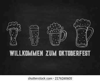 Oktoberfest 2022 - Beer Festival. Hand-drawn set of Doodle Elements. German Traditional holiday. Glass beer mugs with lettering on a black chalk board.