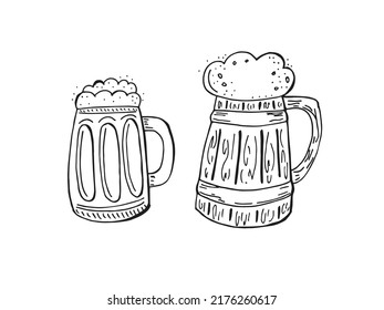 Oktoberfest 2022 - Beer Festival. Hand-drawn set of Doodle Elements. German Traditional holiday. Outline of a wooden beer mug on a white background.