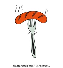 Oktoberfest 2022 - Beer Festival. Hand-drawn Doodle bavarian sausage on a fork on a white background. German Traditional holiday. 