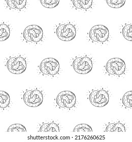 Oktoberfest 2022 - Beer Festival. Hand-drawn Doodle elements. Seamless Pattern. German Traditional holiday. Outline brezels with sesame seeds on a white background.