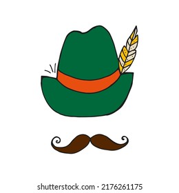 Oktoberfest 2022 - Beer Festival. Hand-drawn Doodle green hat with a feather and brown moustache on a white background. German Traditional holiday. 