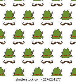 Oktoberfest 2022 - Beer Festival. Hand-drawn Doodle elements. Seamless Pattern. German Traditional holiday. Colored hats with a feather and mustache on a white background.