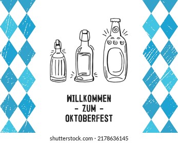 Oktoberfest 2022 - Beer Festival. Hand-drawn set of Doodle Elements. German Traditional holiday. Outline glass beer bottles with lettering and blue rhombuses on a white background.