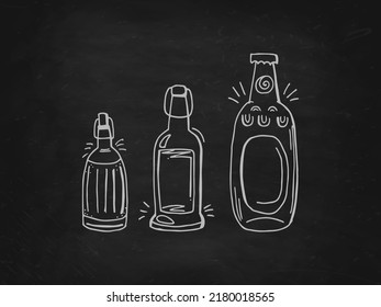 Oktoberfest 2022 - Beer Festival. Hand-drawn set of Doodle Elements. German Traditional holiday. Glass beer bottles with lettering on a black chalk board.