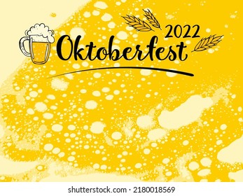 Oktoberfest 2022 - Beer Festival. Hand-drawn Doodle elements. German Traditional holiday. Black lettering with a beer mug and wheat ears on a light beer background.