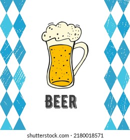 Oktoberfest 2022 - Beer Festival. Hand-drawn Doodle Elements. German Traditional holiday. Glass mug of beer on a white background with blue rhombuses and lettering.