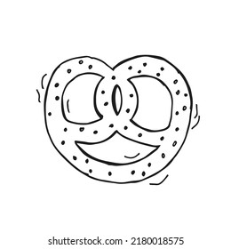 Oktoberfest 2022 - Beer Festival. Hand-drawn Doodle outline brezel with sesame seeds on a white background. German Traditional holiday. 