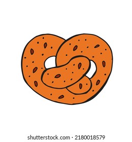 Oktoberfest 2022 - Beer Festival. Hand-drawn Doodle brezel with sesame seeds on a white background. German Traditional holiday. 