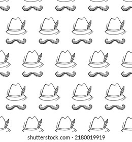 Oktoberfest 2022 - Beer Festival. Hand-drawn Doodle elements. Seamless Pattern. German Traditional holiday. Outline hats with a feather and mustache on a white background.