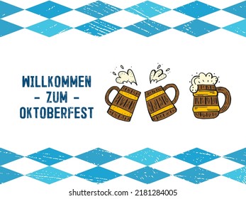 Oktoberfest 2022 - Beer Festival. Hand-drawn set of Doodle Elements. German Traditional holiday. Colored wooden mugs with lettering and blue rhombuses on a white background.