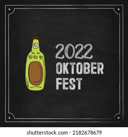 Oktoberfest 2022 - Beer Festival. Hand-drawn Doodle Elements. German Traditional holiday. Glass bottle of beer on a black chalk board with lettering.
