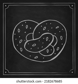 Oktoberfest 2022 - Beer Festival. Hand-drawn Doodle brezel with sesame seeds on a black chalk board. German Traditional holiday. 