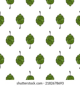 Oktoberfest 2022 - Beer Festival. Hand-drawn Doodle elements. Seamless Pattern. German Traditional holiday. Colored hops on a white background.