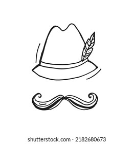 Oktoberfest 2022 - Beer Festival. Hand-drawn Doodle outline hat with a feather and moustache on a white background. German Traditional holiday. 