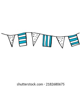 Oktoberfest 2022 - Beer Festival. Hand-drawn Doodle festive garland of white and blue flags on a white background. German Traditional holiday.