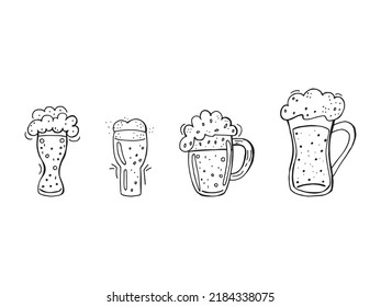 Oktoberfest 2022 - Beer Festival. Hand-drawn set of Doodle Elements. German Traditional holiday. Outline a glass beer mug on a white background.