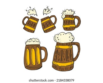 Oktoberfest 2022 - Beer Festival. Hand-drawn set of Doodle Elements. German Traditional holiday. Colored wooden beer mugs on a white background.