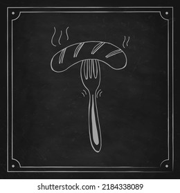 Oktoberfest 2022 - Beer Festival. Hand-drawn Doodle bavarian sausage on a fork on a black chalk board. German Traditional holiday. 