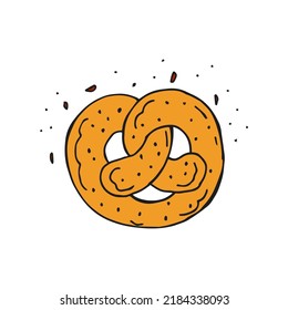 Oktoberfest 2022 - Beer Festival. Hand-drawn Doodle brezel with sesame seeds on a white background. German Traditional holiday. 