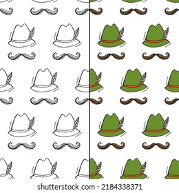 Oktoberfest 2022 - Beer Festival. Hand-drawn Doodle elements. Seamless Pattern. German Traditional holiday. Colored (Outline) hats with a feather and mustache on a white background.