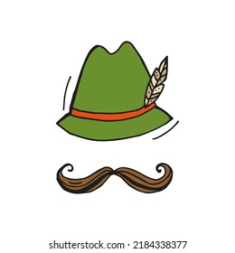 Oktoberfest 2022 - Beer Festival. Hand-drawn Doodle green hat with a feather and brown moustache on a white background. German Traditional holiday. 