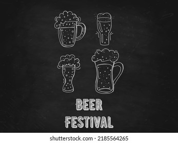 Oktoberfest 2022 - Beer Festival. Hand-drawn set of Doodle Elements. German Traditional holiday. Glass beer mugs with lettering on a black chalk board.