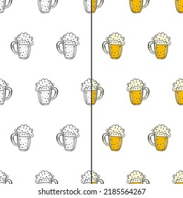 Oktoberfest 2022 - Beer Festival. Hand-drawn Doodle elements. Seamless Pattern. German Traditional holiday. Colored (Outline) beer mugs with foam on a white background.