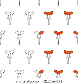 Oktoberfest 2022 - Beer Festival. Hand-drawn Doodle elements. Seamless Pattern. German Traditional holiday. Colored (Outline) sausages on a fork on a white background.