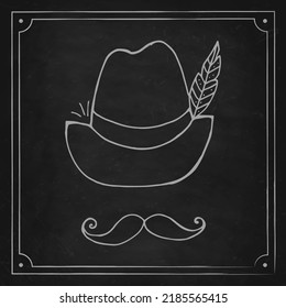 Oktoberfest 2022 - Beer Festival. Hand-drawn Doodle Hat With A Feather And Moustache On A Black Chalk Board. German Traditional Holiday. 