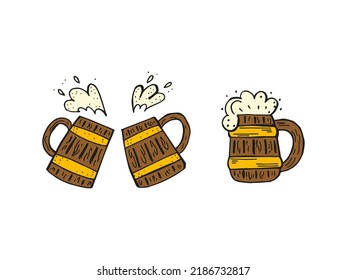 Oktoberfest 2022 - Beer Festival. Hand-drawn set of Doodle Elements. German Traditional holiday. Colored wooden beer mugs on a white background.