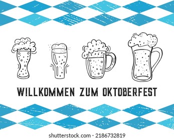 Oktoberfest 2022 - Beer Festival. Hand-drawn set of Doodle Elements. German Traditional holiday. Outline glass beer mugs with lettering and blue rhombuses on a white background.