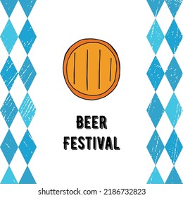 Oktoberfest 2022 - Beer Festival. Hand-drawn Doodle Elements. German Traditional holiday. Color barrel of beer on a white background with blue rhombuses and lettering.