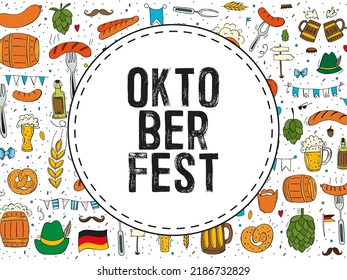 Oktoberfest 2022 - Beer Festival. Hand-drawn Doodle elements. German Traditional holiday. Round emblem with text on the background of a pattern of colored elements.