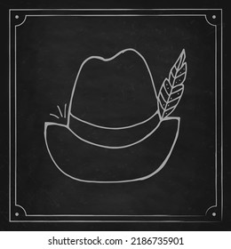 Oktoberfest 2022 - Beer Festival. Hand-drawn Doodle hat with a feather on a black chalk board. German Traditional holiday. 