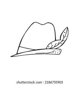 Oktoberfest 2022 - Beer Festival. Hand-drawn Doodle outline hat with a feather on a white background. German Traditional holiday. 