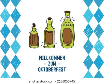 Oktoberfest 2022 - Beer Festival. Hand-drawn set of Doodle Elements. German Traditional holiday. Colored glass beer bottles with lettering and blue rhombuses on a white background.