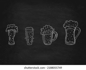 Oktoberfest 2022 - Beer Festival. Hand-drawn set of Doodle Elements. German Traditional holiday. Glass beer mugs on a black chalk board.