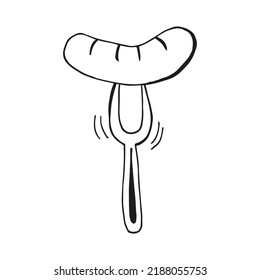 Oktoberfest 2022 - Beer Festival. Hand-drawn Doodle outline bavarian sausage on a fork on a white background. German Traditional holiday. 