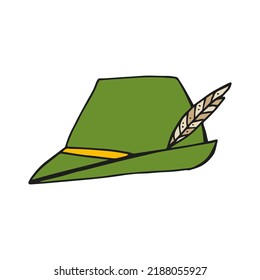 Oktoberfest 2022 - Beer Festival. Hand-drawn Doodle green hat with a feather on a white background. German Traditional holiday. 