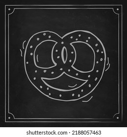 Oktoberfest 2022 - Beer Festival. Hand-drawn Doodle brezel with sesame seeds on a black chalk board. German Traditional holiday. 