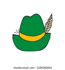 Oktoberfest 2022 - Beer Festival. Hand-drawn Doodle green hat with a feather on a white background. German Traditional holiday. 