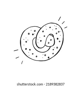 Oktoberfest 2022 - Beer Festival. Hand-drawn Doodle outline brezel with sesame seeds on a white background. German Traditional holiday. 