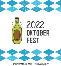 Oktoberfest 2022 - Beer Festival. Hand-drawn Doodle Elements. German Traditional holiday. Glass bottle of beer on a white background with blue rhombuses and lettering.