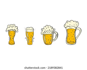 Oktoberfest 2022 - Beer Festival. Hand-drawn set of Doodle Elements. German Traditional holiday. Colored glass beer mugs on a white background.