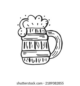 Oktoberfest 2022 - Beer Festival. Hand-drawn Doodle Elements. German Traditional holiday. Black outline on a white background. Wooden mugs of beer.