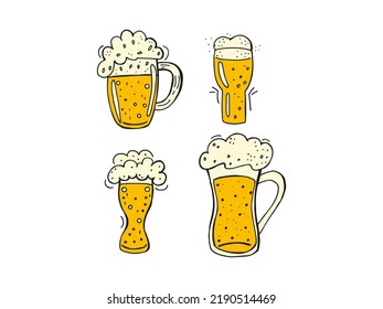 Oktoberfest 2022 - Beer Festival. Hand-drawn set of Doodle Elements. German Traditional holiday. Colored glass beer mugs on a white background.