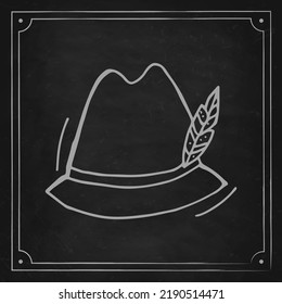 Oktoberfest 2022 - Beer Festival. Hand-drawn Doodle hat with a feather on a black chalk board. German Traditional holiday. 